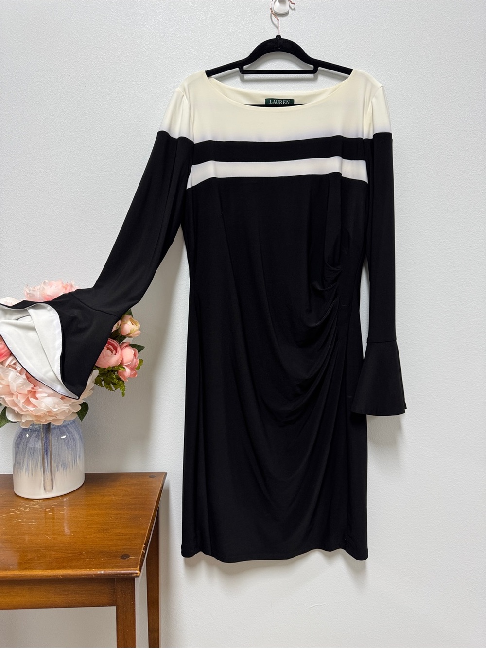Ralph Lauren Black and White Long Sleeve Ruched Dress